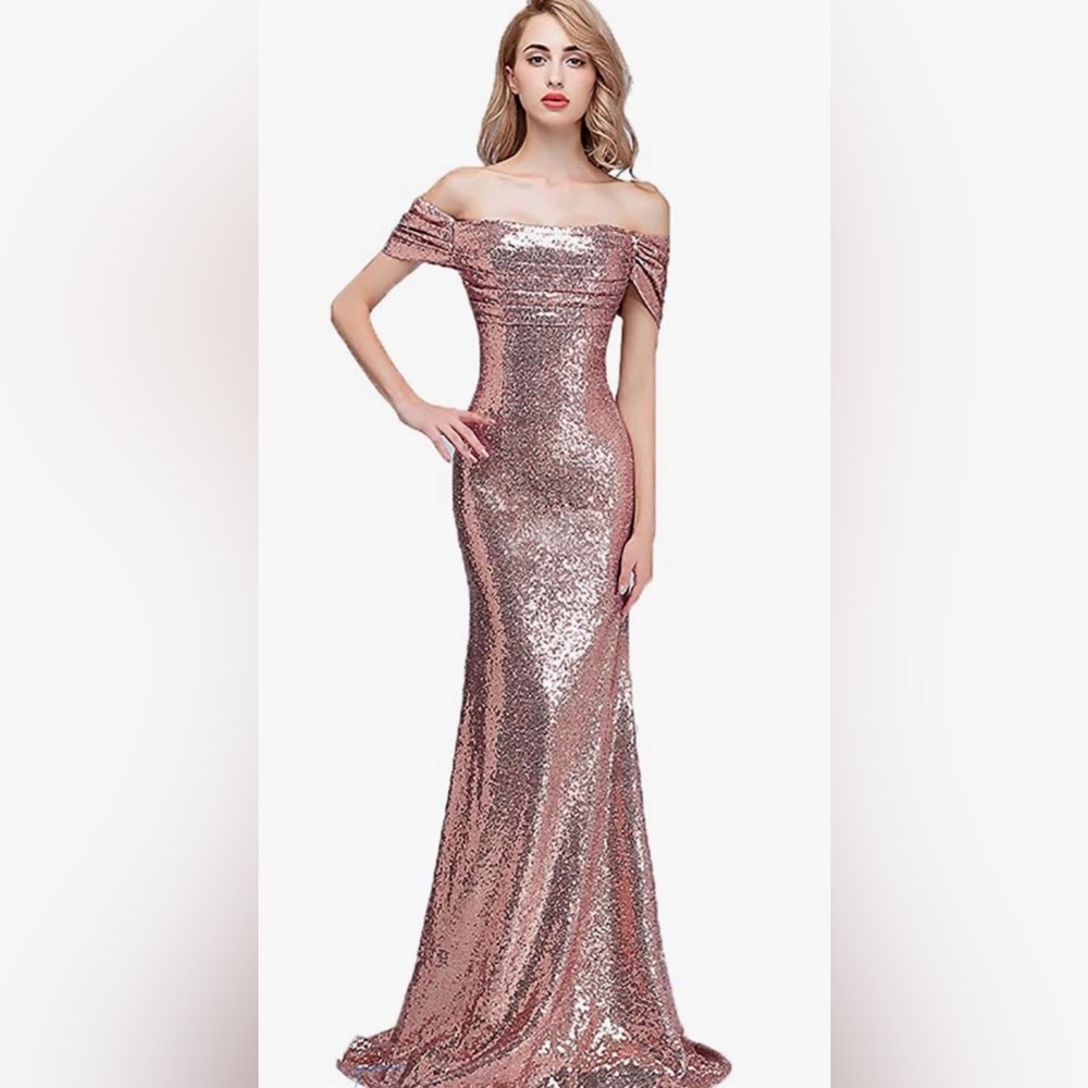 Honey Qiao Sequins Off The Shoulder Bridesmaid Dresses Long Pleats Prom Sz 8